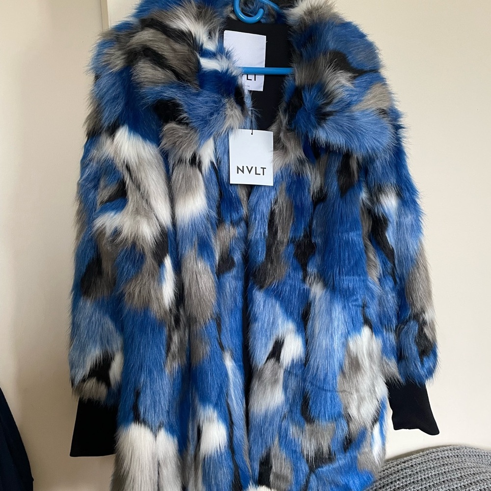 NVLT Blue and Gray Faux Fur Coat